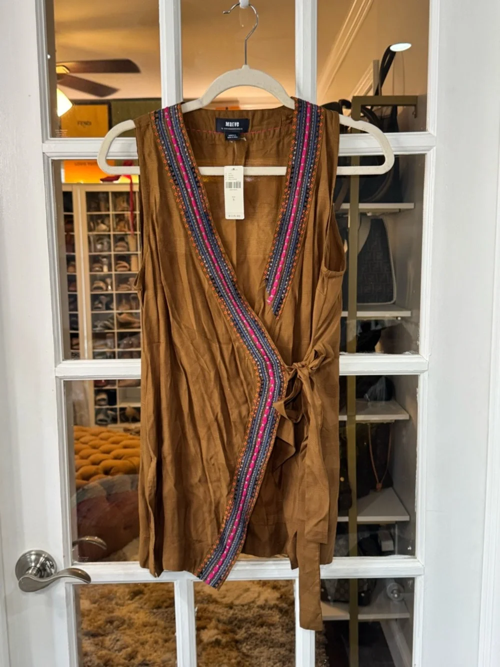 👜🌺🔅 Anthropologie Maeve Brown Embroidered Wrap Tank with Pink & Blue Trim 🔅🌺👜